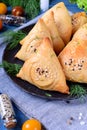 Triangle samsa meat pastry with sesame seeds Royalty Free Stock Photo