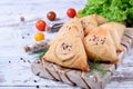 Triangle samsa meat pastry with sesame seeds Royalty Free Stock Photo