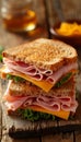 Triangle sandwich ham, cheese, tomato, and fresh salad a perfect healthy lunch option Royalty Free Stock Photo