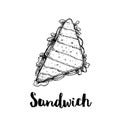 Triangle sandwich with ham, onion, lettuce, tomato slices and cheese. Top view. Hand drawn sketch style illustration of street or