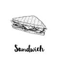 Triangle sandwich with lettuce, ham, cheese and tomato slices. Hand drawn sketch style. Grilled bread. Fast food drawing for resta