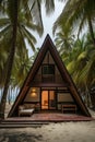 A triangle shaped house sits on the beach near palm trees, AI Royalty Free Stock Photo