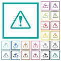 Triangle shaped warning sign flat color icons with quadrant frames