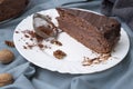 Triangle slice of a chocolate cake, on a white plate Royalty Free Stock Photo