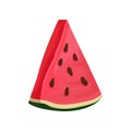 Triangle slice of juicy watermelon. Tasty summer fruit with black seeds. Flat vecrtor element for product packaging
