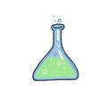 Triangle Test tube vector color outline sketch icon isolated on white background. Hand drawn bulb with green bubble liquid . Flask Royalty Free Stock Photo