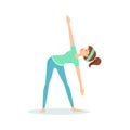 Triangle Trikonasana Yoga Pose Demonstrated By The Girl Cartoon Yogi With Ponytail In Blue Sportive Clothing Vector