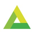 Triangle vector icon with three overlapping sides and rounded corners. Green gradient illustration