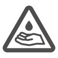 Triangle warning with drop and hand solid icon, danger liquid concept. Vector graphics. Wash your hand attension sticker Royalty Free Stock Photo