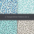 Triangle winter holidays patterns set. Blue, grey, brown vector seamless triangular backgrounds