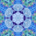 Triangles kaleidoscope tile pattern on light backdrop. Composed in blue sky and indigo
