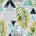Triangles with palm tree leaves, doodle, marble, grunge textures Royalty Free Stock Photo