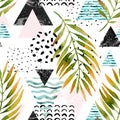 Triangles with palm tree leaves, doodle, marble, grunge textures Royalty Free Stock Photo