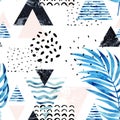 Triangles with palm tree leaves, doodle, marble, grunge textures, geometric shapes in 80s, 90s minimal style. Royalty Free Stock Photo