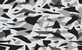 Triangular camouflage pattern background, seamless vector illustration. Masking geometric camo, repeat print. Grey black and white