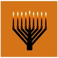 Triangular Chanukiah Hasidic. Jewish holiday Hanukkah. Vector illustration on orange background.