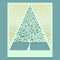 Triangular or Christmas tree with curls. Decorative panel with gold swirls pattern for cutting paper cards, design elements ,
