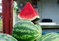 Triangular chunk of watermelon at city market
