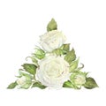 Triangular composition of white roses, buds and leaves. Watercolor botanical illustration. Isolated on a white