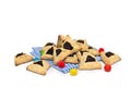 Triangular cookies with poppy seeds hamantasch or aman ears , candy for jewish holiday of purim celebration on white background