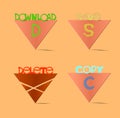 Triangular elements for menus and logos are angled down.