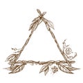 Triangular frame made of branches with feathers and leaves. Decorative outline element for design work in the boho style