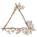 Triangular Frame Made Of Branches With Roses And Flower Buds. Decorative Outline Element For Design Work In The Boho Style