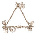 Triangular frame of oak branches with leaves. Decorative outline element for design work in the boho style