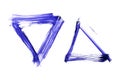 Triangular frames for text or photo in blue carelessly drawn with paint on a white background