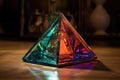 triangular glass prism reflecting vibrant colors on dark table