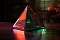triangular glass prism reflecting vibrant colors on dark table