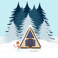 A triangular house with a snowman in a snow-covered Christmas forest. Ecotourism concept Royalty Free Stock Photo