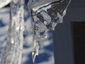 An triangular icicle illuminated by sunlight