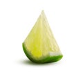 Triangular Lime slice, glowing from inside. Green lemon lime cut closeup detailed on white background isolated. Sliced lemon close