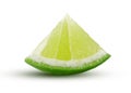 Triangular Lime slice. Green lemon lime cut closeup detailed on white background isolated. Tasty slice citrus fruit. Sliced lemon