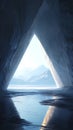 A triangular opening formed by towering ice walls frames a distant view of snow-