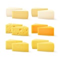 Triangular Pieces of Various Kind of Cheese Swiss Cheddar Bri Parmesan Camembert Close up on White Background