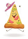 Triangular pizza slice with ridiculous face and hat