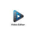 A triangular play button icon integrates film strip elements around its edges, creating Royalty Free Stock Photo