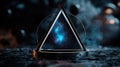 A triangular prism with a blue galaxy inside, set on a black platform with a ring of gold. Royalty Free Stock Photo