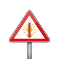 Triangular red warning sign with heat thermometer icon and sun