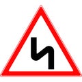 Triangular road sign, double left turn. Vector image.