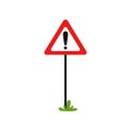 Triangular road sign with exclamation mark. Warning traffic sign indicates hazard ahead. Possible danger. Flat vector