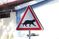 Triangular road sign with a picture of a cat