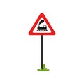 Triangular road sign with train without barrier . Railroad crossing ahead. Flat vecrtor element for mobile game or book