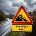 Triangular road sign warns of slippery conditions due to a design error, readi Royalty Free Stock Photo