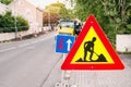 Triangular roadworks road sign at the beginning of a construction site Royalty Free Stock Photo