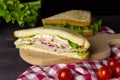 Triangular sandwiches with toast, lettuce and vegetables on a dark background. Healthy and delicious breakfast or lunch