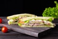 Triangular sandwiches with toast, lettuce and vegetables on a dark background. Healthy and delicious breakfast or lunch