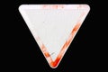 Triangular scratched red border old road sign `Yield` isolated o